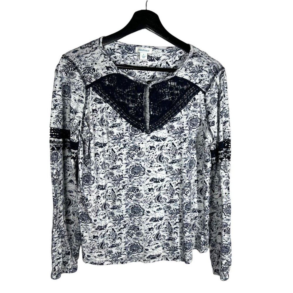 Sundance Liliane Blue White Floral Long Sleeve Crochet Lace Top Small
